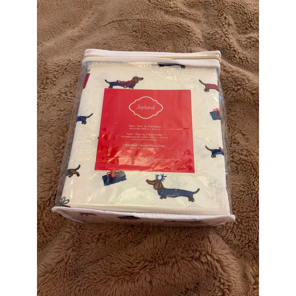 Joyland Christmas Dachshund Dog Cotton Sheet Set Twin Twin XL White Holiday New